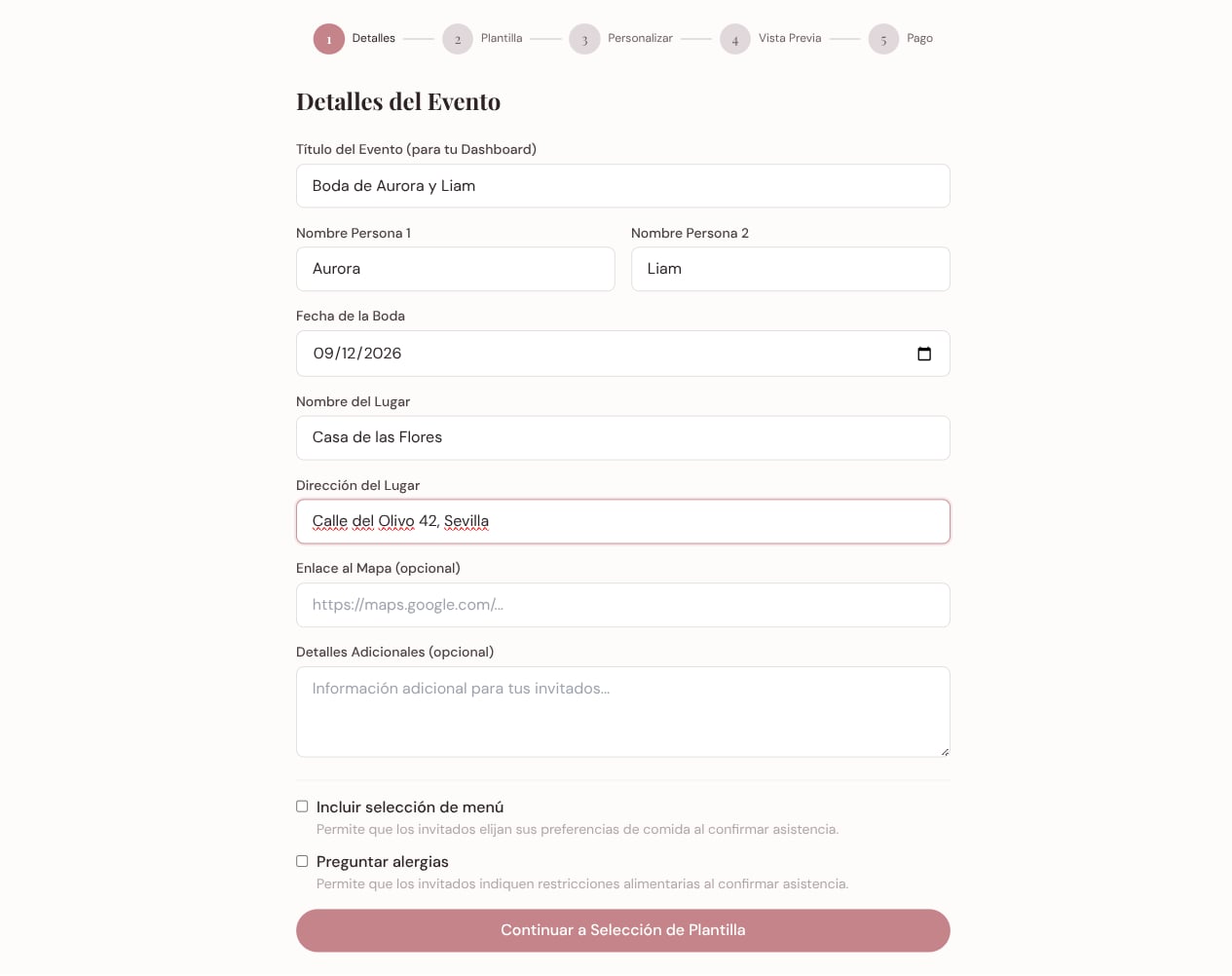 Formulario de detalles del evento con los nombres, la fecha y el lugar rellenados