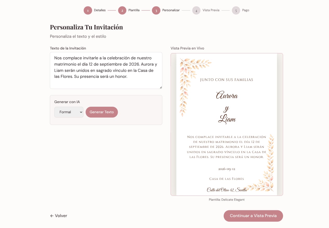 Pantalla de personalización con el texto de la invitación a la izquierda y la vista previa en vivo a la derecha