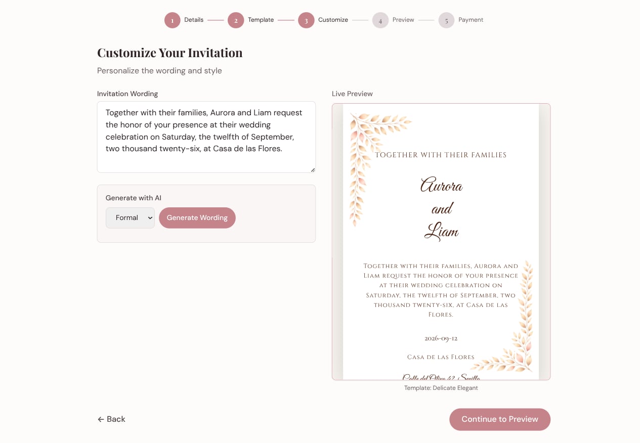 Customization screen with invitation wording on the left and a live preview on the right